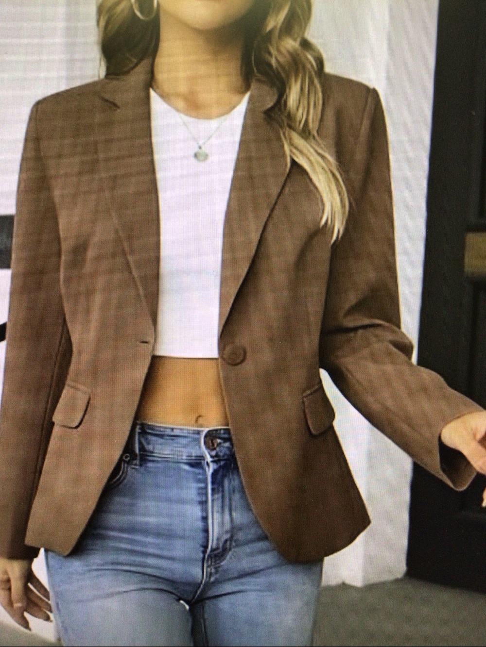 Women's solid color single-button plain lapel office suit jacket - Picture 4 of 5